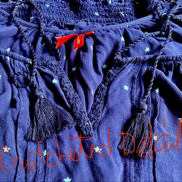 RED CAMEL Boho Bohemian Blue with Stars Ribbon Neckline Top Blouse Womens Large - Picture 8 of 14